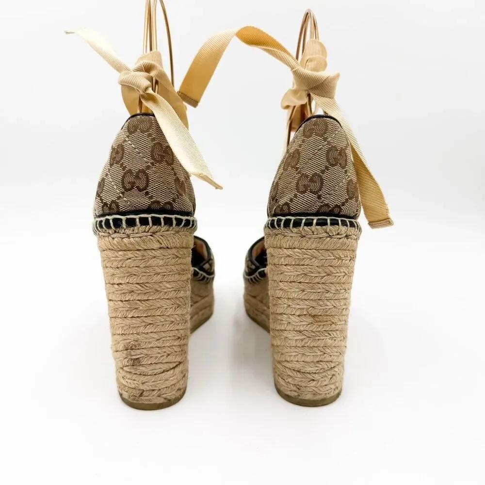 Gucci GG Espadrille Wedge Sandal EU 38 US 8 Monogram Canvas Ankle Wrap